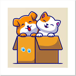 Cute Dog And Cute Cat Playing In Box Cartoon Posters and Art